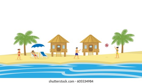 Beach resort with tourist couple landscape isolated on white background vector