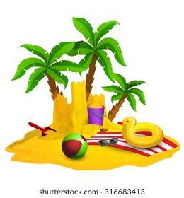 Beach rest background with sandcastle ball and palms cartoon vector illustration 