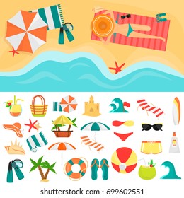 Beach rest color icons set. Girl on the beach sunbathing color illustration for web and mobile design