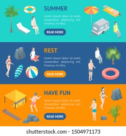 Beach Rest Concept Banner Horizontal Set 3d Isometric View Travel and Tourism Season Holiday. Vector illustration of Summer Time Vacation