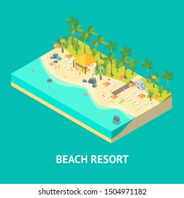 Beach Rest Concept en una vista isométrica azul en vacaciones turísticas y de viajes. Ilustración vectorial de vacaciones de verano