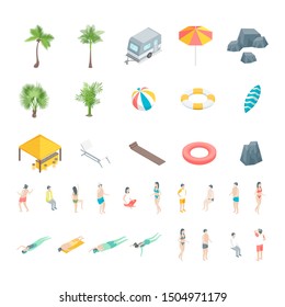 Beach Rest Icon Set Concept 3d Isometric View Travel and Tourism Season Holiday. Vector illustration of Summer Time Vacation