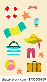 Beach rest set: straw hat, towel, sun protect cream, beach bag, lifebuoy, slippers. Vector flat isolated illustration. 