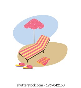 Beach rest, sun lounger with sun umbrella, summer slates, towel. Hand drawn, vector cartoon style illustration 