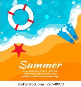 Beach rest: sun, sea, waves, sand, beach, flippers, starfish, lifebuoy. Vector  illustration concept.