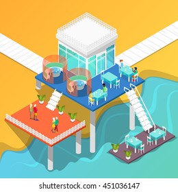 Beach Restaurant on the Coast of the Sea with People. Isometric Building. Vector illustration