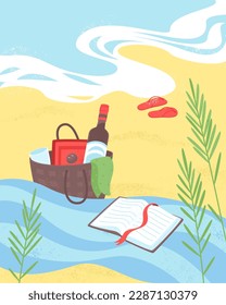 Postal de playa. Picnic y nada en el mar o en el océano. Estancia relajada en la playa. Lectura de libros. Ilustración vectorial plana.