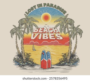 Beach retro graphic print design. Sunshine Surf club artwork. Enjoy beach life. Summer vibes artwork. Surf club design. 