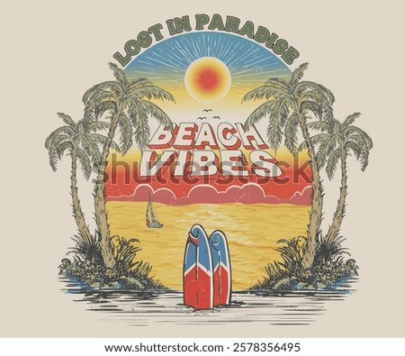 Beach retro graphic print design. Sunshine Surf club artwork. Enjoy beach life. Summer vibes artwork. Surf club design. 