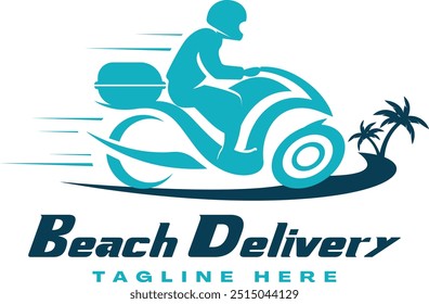 beach rider delivery logo featuring a scooter or bike with a surfboard or beach elements, symbolizing fast and reliable delivery in a relaxed, coastal style