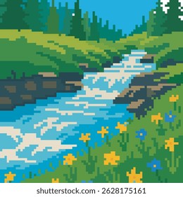 Playa River Paisaje Pixel Art, Ilustración vectorial sobre fondo aislado.