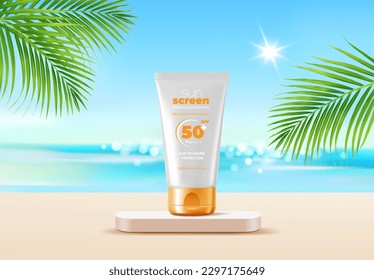 Podio redondeado en la playa con crema de protección solar. crema cosmética de protección UV, simulación de presentación de contenedores de loción, pantalla vectorial realista podio con hojas de palma, fondo de onda oceánica y onda solar