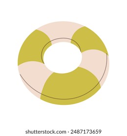 Beach rubber lifebuoy for pool, summer striped lifesaver, safety buoy, support or help on water icon, rescue tube, protection assistance, save from crisis, danger situation flat vector illustration.