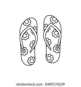 Beach rubber slippers . Beach flip flop. Simple black and white vector , floral design