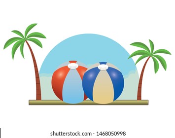 Beach with rubber striped balls and palms ,vector illustration graphic design.