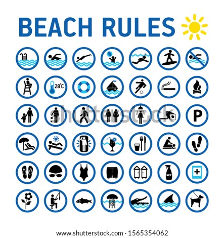 Beach rules icons set and sighns on white with desihn in circles. Set of icons and symbol for prohibited items.