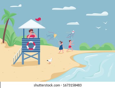 Beach safety and active leisure flat color vector illustration. Lifeguard in tower watching in binoculars. Kids flying kite 2D cartoon characters with tropical sand beach and sea on background