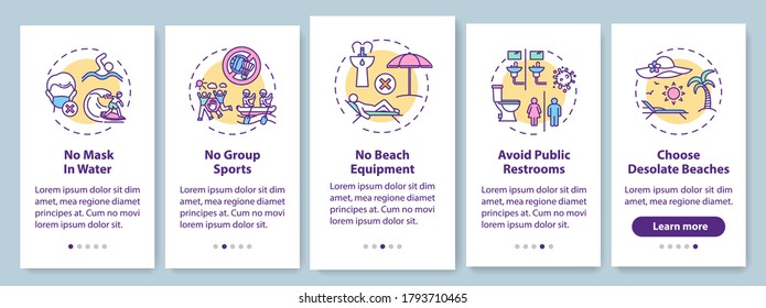 Beach safety onboarding mobile app page screen with concepts. Methods of preventing spread of coronavirus walkthrough 5 steps graphic instructions. UI vector template with RGB color illustrations