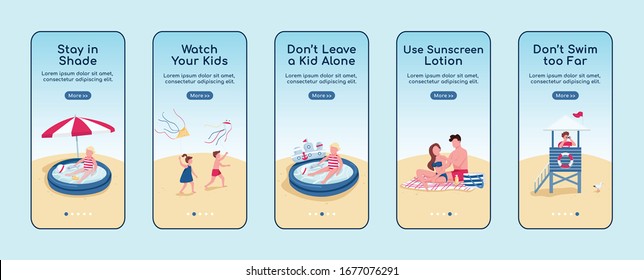 Beach safety rules onboarding mobile app screen flat vector template. Watch kids, use sunscreen. Walkthrough website steps with characters. UX, UI, GUI smartphone cartoon interface, case prints set