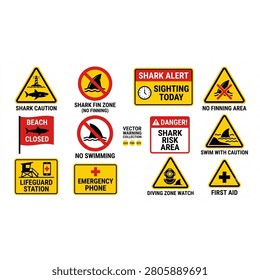 Beach Safety and Shark Warning Sign Collection Featuring Shark Alert, Shark Caution, No Swimming, Lifeguard Station, Emergency Phone, First Aid and Beach Closed Vector Icons