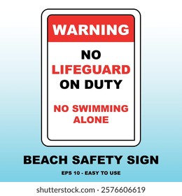 Beach Safety Sign: No Lifeguard on Duty Vector Design