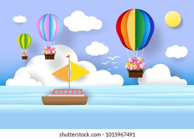 beach and sailboat paper art style, balloons and flower in the sky