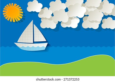 Beach sailboat paper on blue background