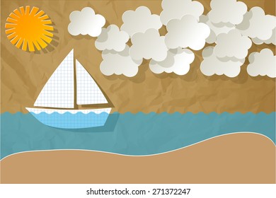 Beach sailboat paper on crumpled paper brown background