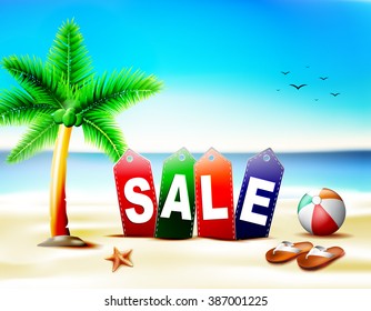 Beach Sale in Tags with Palm Trees beside the Starfish and Beach Ball with Slippers on the Other side Blue Background 
