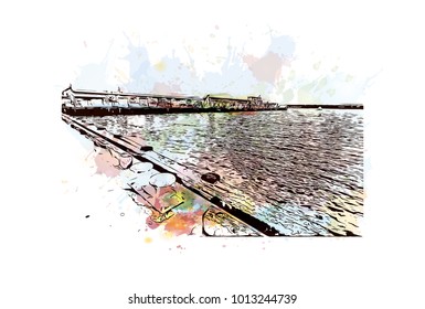 Beach in San Diego, City in California, USA. Watercolor splash with hand drawn sketch illustration in vector.