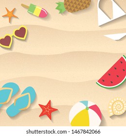 Beach sand background with different summer items flat illustration. Watermelon slice, flip flops, sunglasses and sea stars are in the sand. - Vector