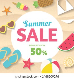Beach sand background with different summer items on it. Summer Sale banner design with flat illustrations of watermelon, flip flops, sunglasses, ice cream and more. - Vector