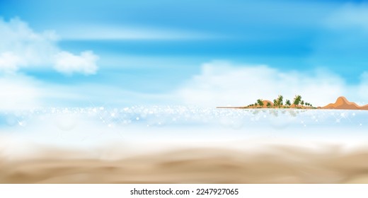 Beach sand with blue sky,Summer background of Tropical beach with sunlight sparkling on ocean water.Natural seascape with blurred horizon,Tropical seashore landscape,Vector Summer vacation on seaside 