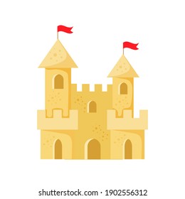 Beach sand castle vector illustration in a cartoon flat style isolated on white background. Fort of fortress with towers? gates and flag