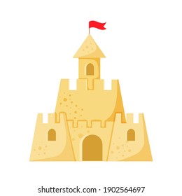 Beach sand castle vector illustration in a cartoon flat style isolated on white background. Fort of fortress with towers? gates and flag