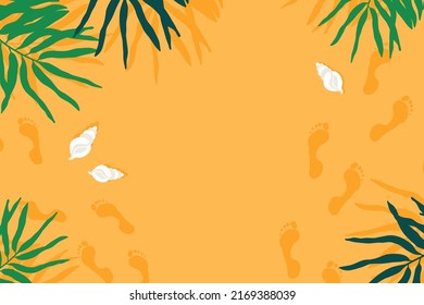 Beach sand footprint background with seashells. 