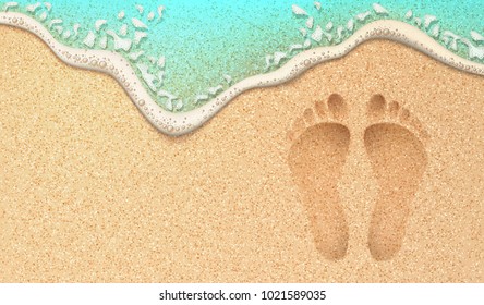Beach sand footprint ocean coast sea azure wave with bubble. Vector realistic illustration. Tropical travel, summer vacation holiday paradise resort background template. Human steps on shore