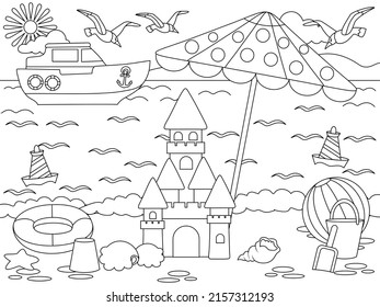 Beach, sand games. Yacht at sea. Children play on the beach, sand castle. Vector, black stroke, white background.
