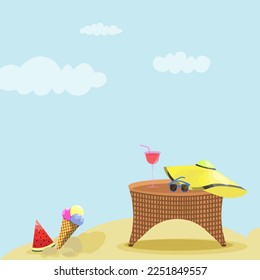 Beach, sand, ice cream, watermelon, glasses, cocktail, stones, beach table and hat. Accessories for sea holidays. Summer vacation. Vector illustration