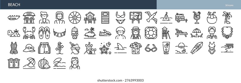 Beach Sand Ocean Sea Coast Shore Surf Wave Sun Vacation Summer Icons Collection