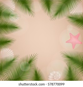 Beach. Sand. Palm leaves. Vector illustration. 