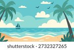 beach sand palm tree tropical sea nature landscape view background flat color vector illustration template design