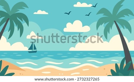 beach sand palm tree tropical sea nature landscape view background flat color vector illustration template design