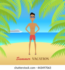 Beach with sand and palm trees in shiny day. Man in sunglasses. Summer vacation concept. Vector illustration