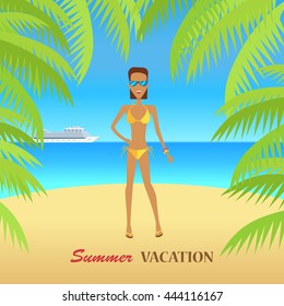 Beach with sand and palm trees in shiny day. Woman in sunglasses. Summer vacation concept. Vector illustration