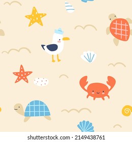 Beach sand pattern with sea animals. Seamless vector summer print for textile and nursery fabric. 