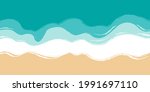 Beach, sand, seashore with blue azure waves. Sea coast top view, aerial view. Ocean, marine background. Hand drawn vector illustration.