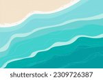 Beach, sand, seashore with blue waves. Top view of the sea coast. Vector illustrations drawn by hand. The concept of travel