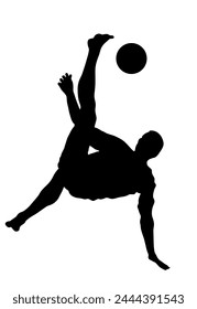 Beach sand soccer player kick the ball in scissor moves vector silhouette illustration isolated on white. Football game attraction, effective move. Spectacle for public. Sport man in attractive pose.