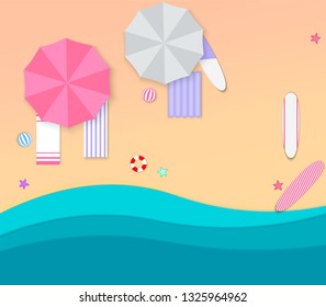 Beach and sand. Vacation on the beach vector illustration. paper umbrellas, water, ball